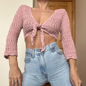 Vintage Pink Crochet Knit Tie-Front cardigan Sweater Top